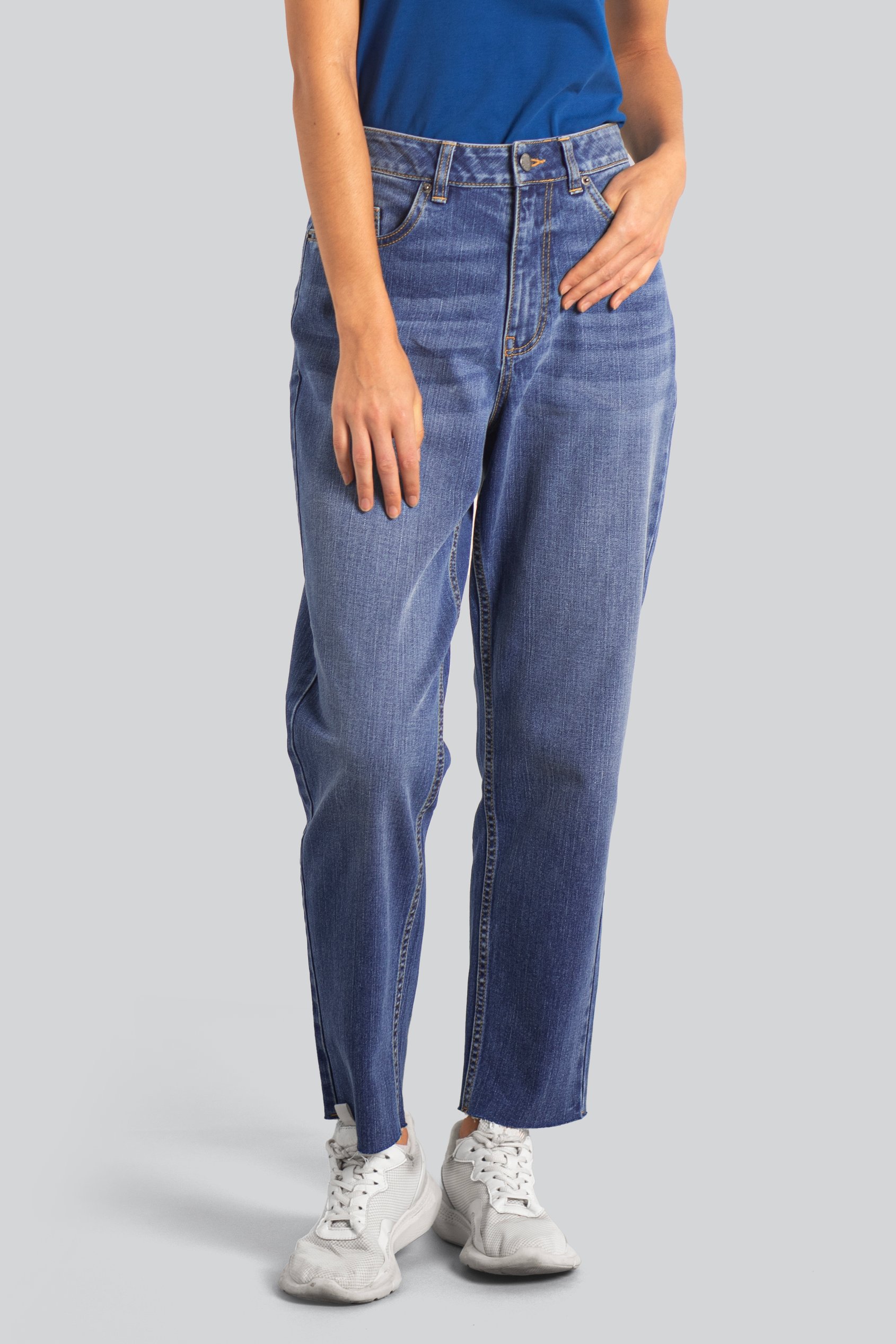 Enorsia Women's Blue Mom Fit Raw Edge Jeans - Uk 14