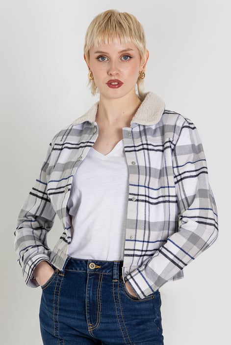White Plaid Check Borg Collar Shacket