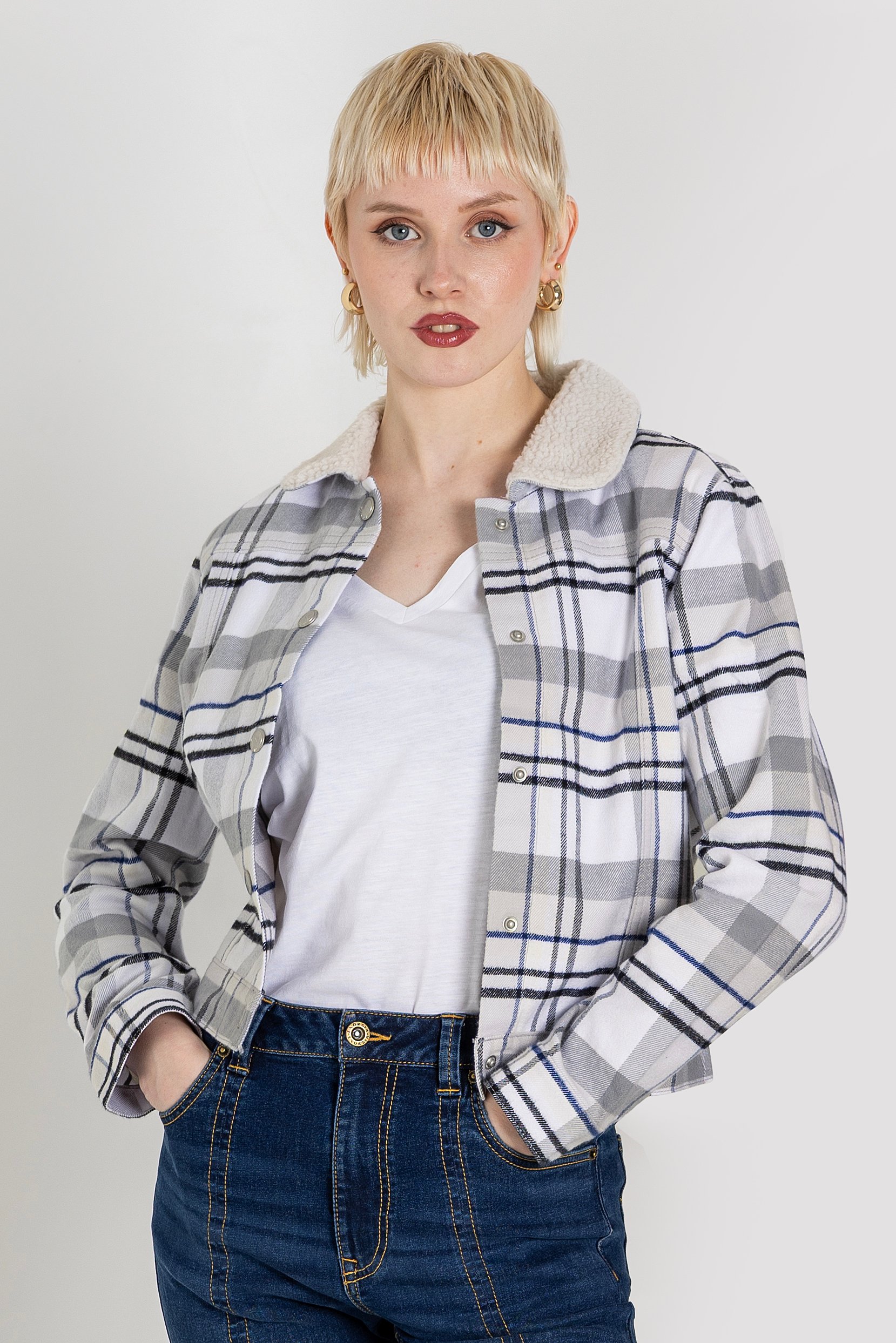 Enorsia Women's White Plaid Check Borg Collar Shacket - Uk 12
