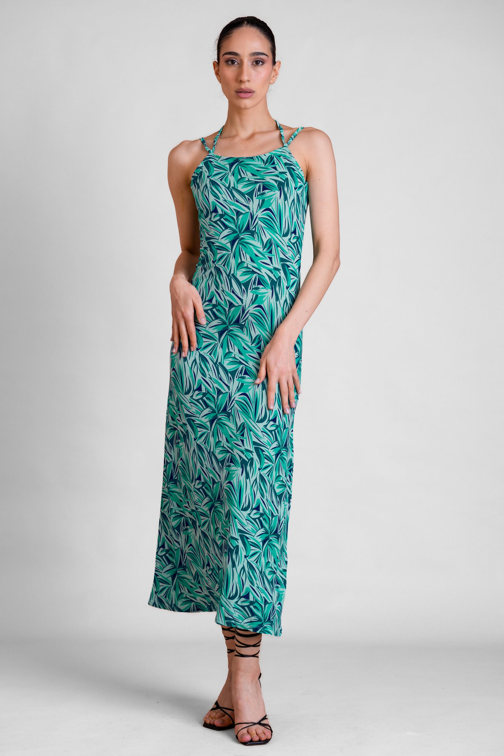 Enorsia Women's Blue Green Leaf Floral Strappy Cami Slip Dress - Uk 18