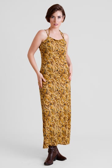 Yellow Leaf Floral Strappy Cami Slip Dress