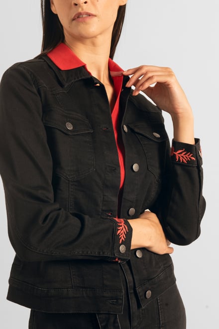 Classic Black Denim Jacket With Sleeve Embroidery