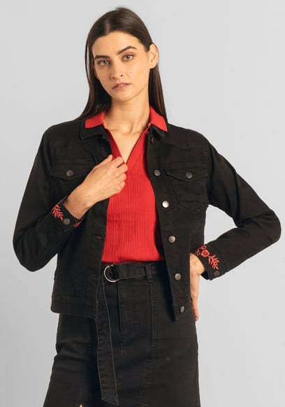 Classic Black Denim Jacket With Sleeve Embroidery