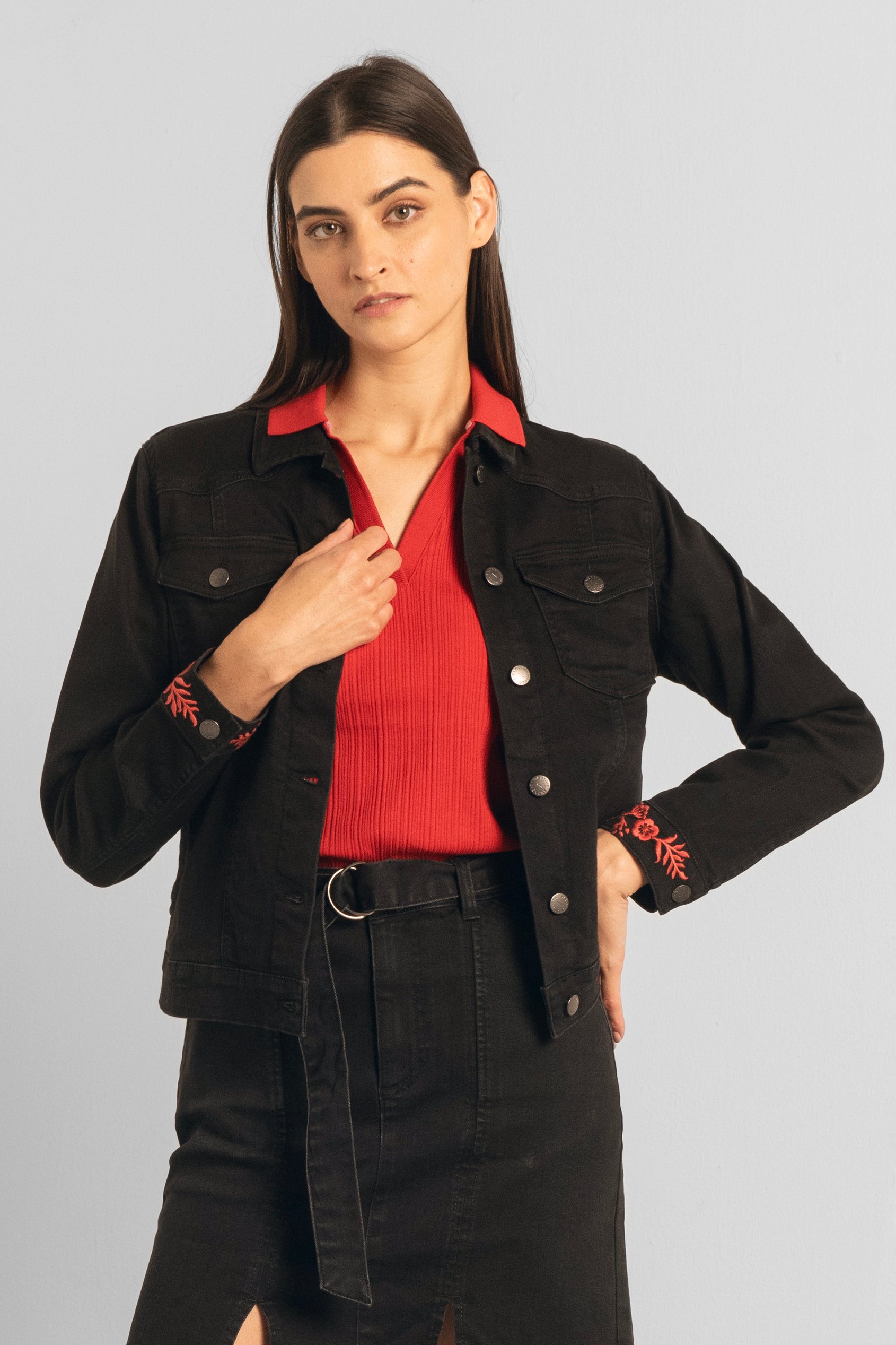Enorsia Women's Black Classic Denim Jacket With Sleeve Embroidery - Uk 12