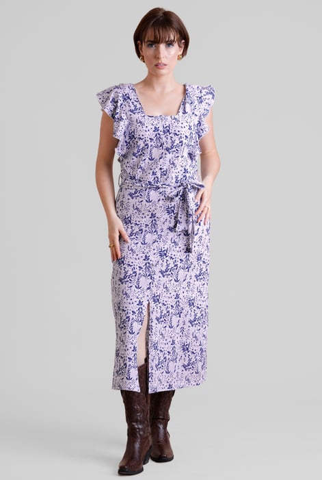 Brown Square Neck Tie Waist Jersey Dress With Frill Sleeve Detail
