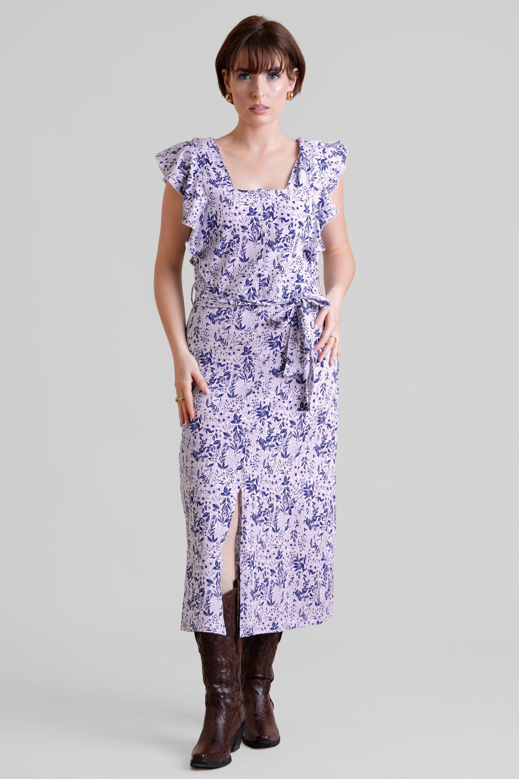 Enorsia Women's Blue Square Neck Tie Waist Jersey Dress With Frill Sleeve Detail - Uk 18