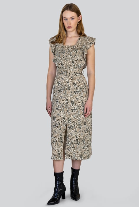 Brown Square Neck Tie Waist Jersey Dress With Frill Sleeve Detail