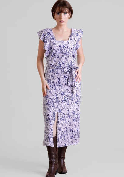 Square Neck Tie Waist Jersey Dress With Frill Sleeve Detail