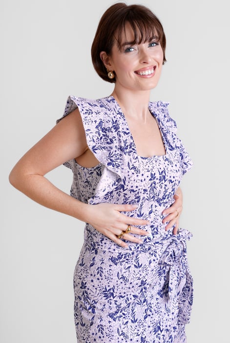 Blue Square Neck Tie Waist Jersey Dress With Frill Sleeve Detail