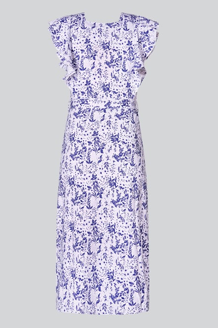 Square Neck Tie Waist Jersey Dress With Frill Sleeve Detail