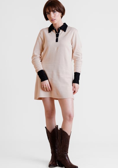 Laced Collar Design Jersey Tailored Shirt Dress