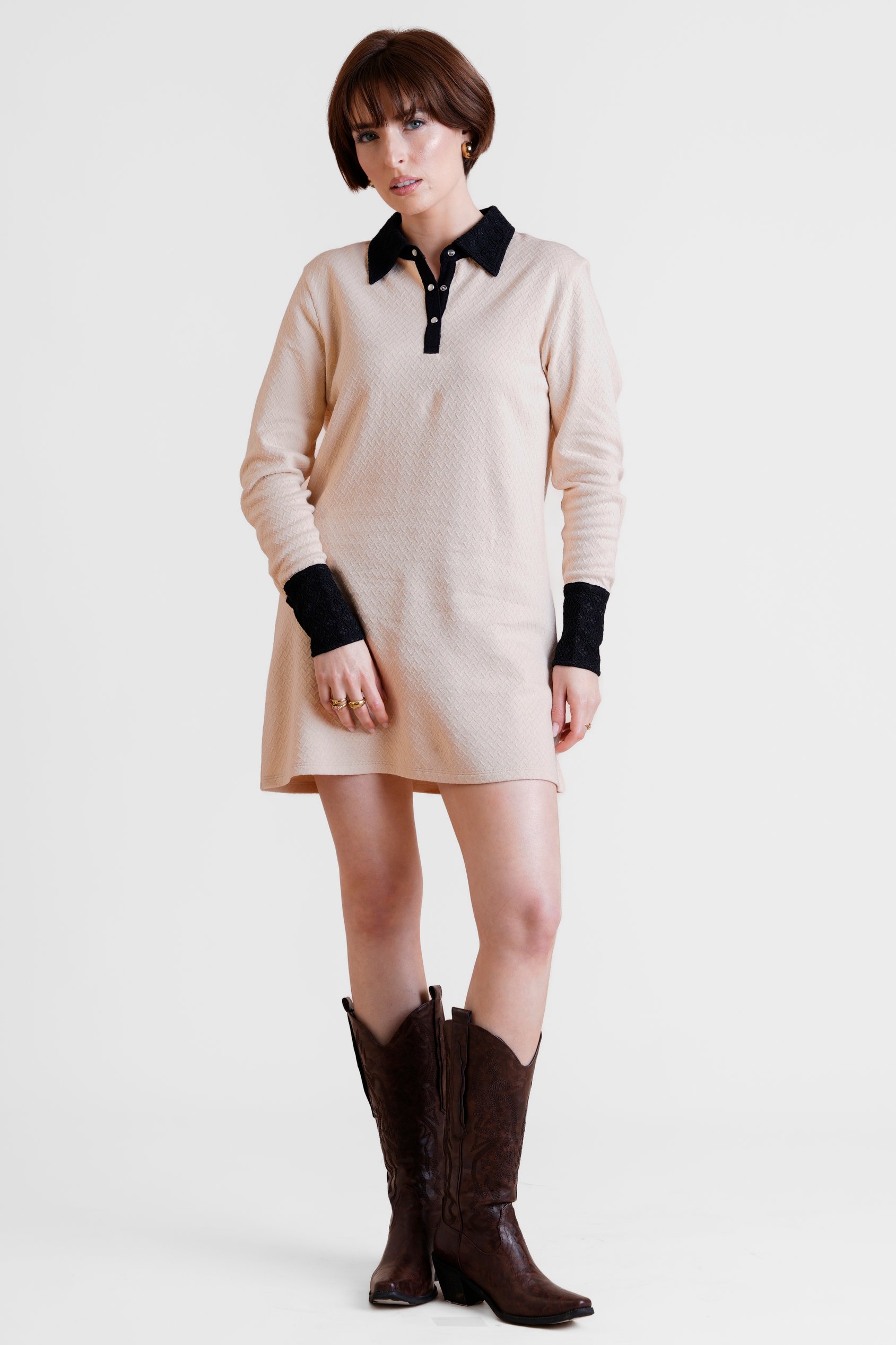 Enorsia Women's Cream Textured Jersey Lace Polo Collar Mini Dress - Uk 16