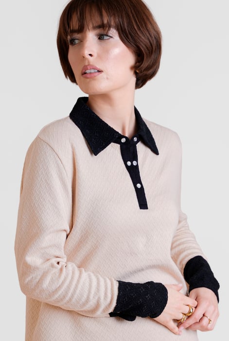 Cream Laced Collar Design Jersey Tailored Shirt Dress