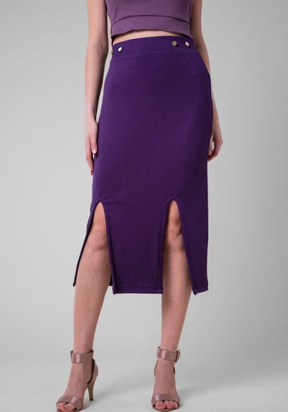 Button Front Ribbed Midi Skirt