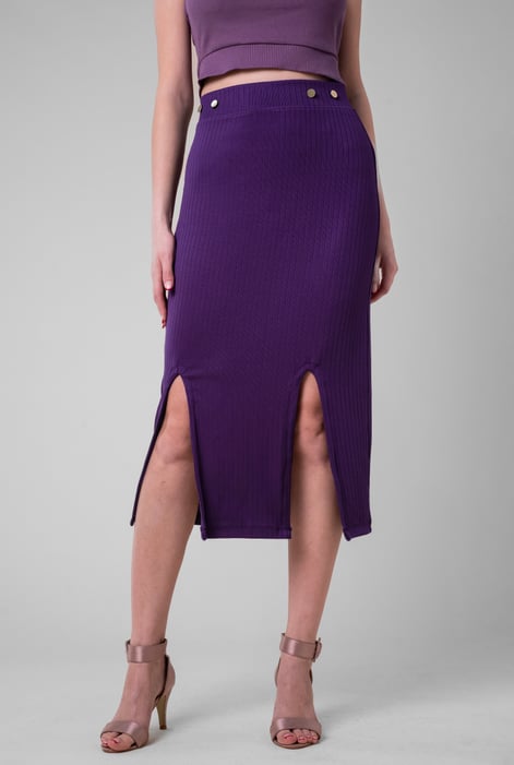 Blue Button Front Ribbed Midi Skirt