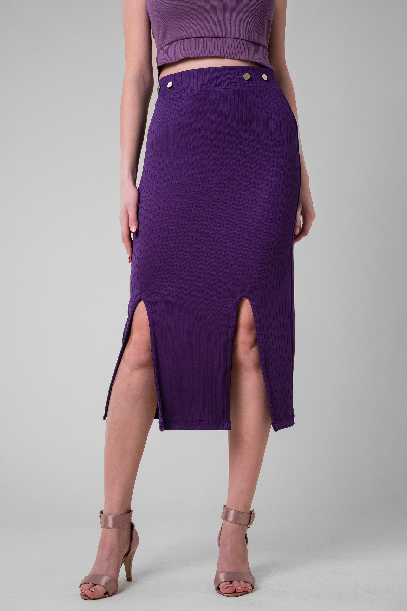 Enorsia Women's Blue Purple Button Front Ribbed Midi Skirt - Uk 12