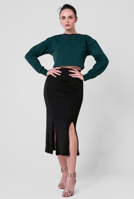 Blue Button Front Ribbed Midi Skirt