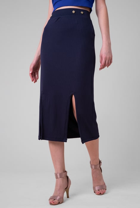 Blue Button Front Ribbed Midi Skirt