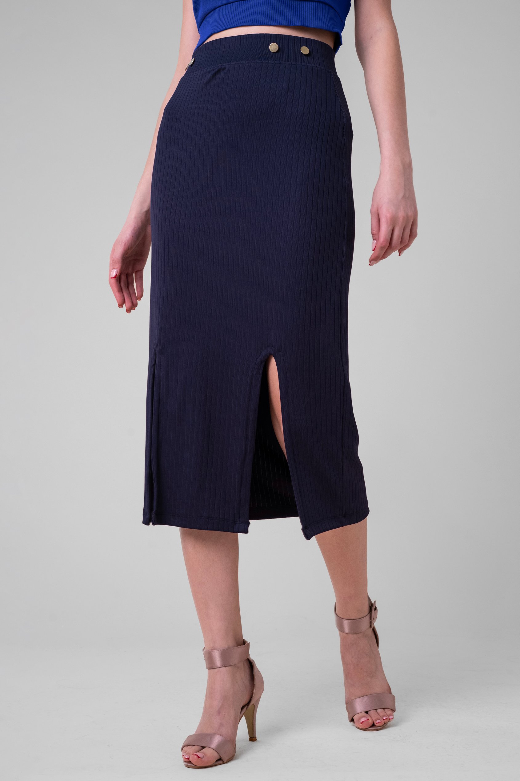 Enorsia Women's Purple Blue Button Front Ribbed Midi Skirt - Uk 12