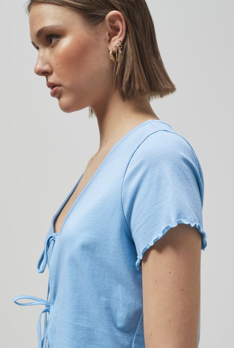 Blue Lettuce Hem Tie Front T-Shirt