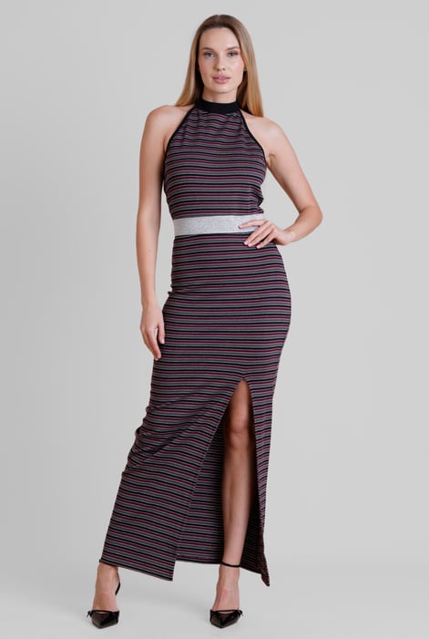 Red Halter Neck Open Back Rib Long Dress