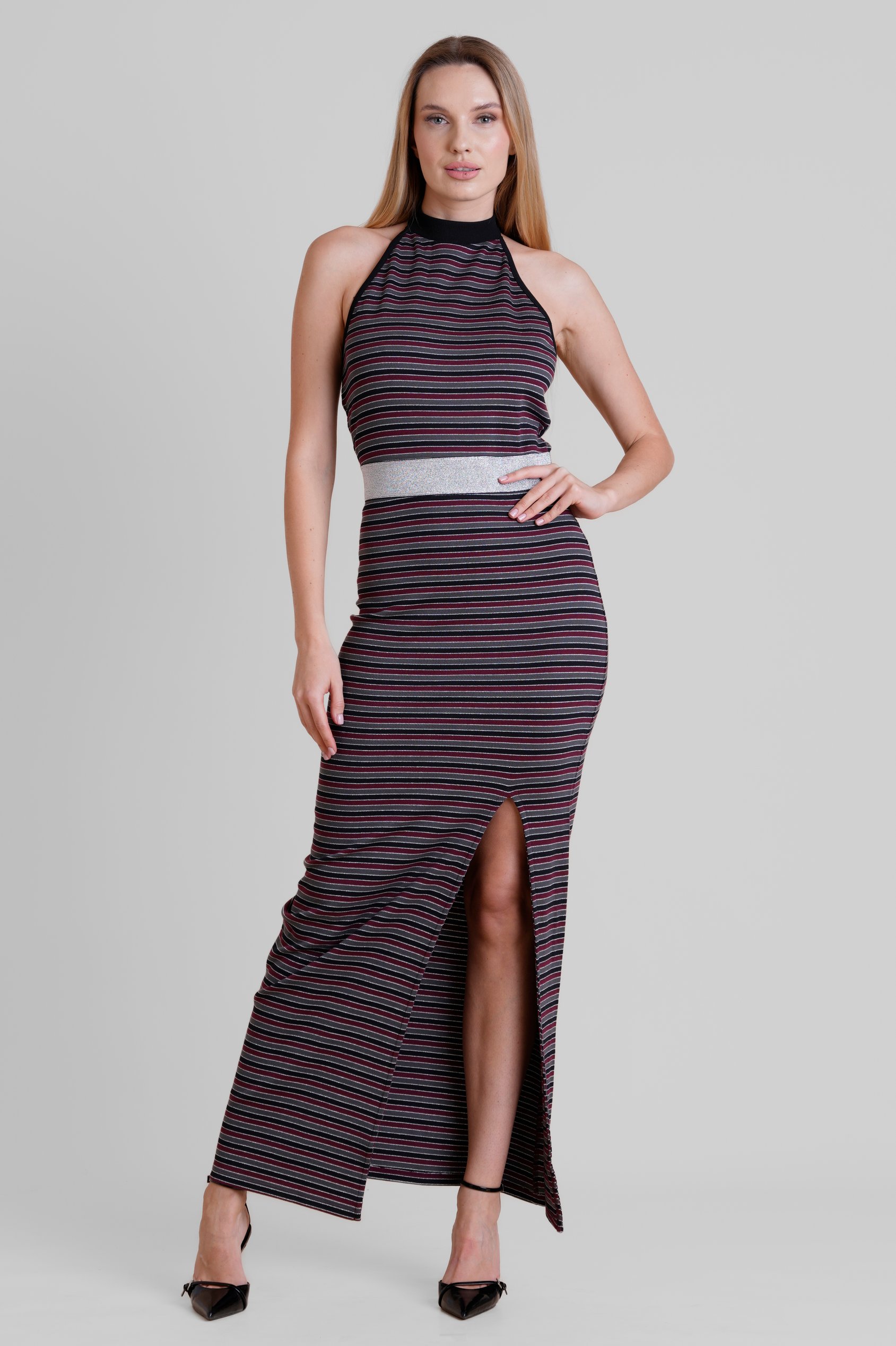 Red Halter Neck Open Back Rib Long Dress
