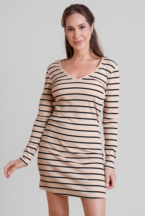Grey Long Sleeve Rib Jersey V- Neck Mini Dress