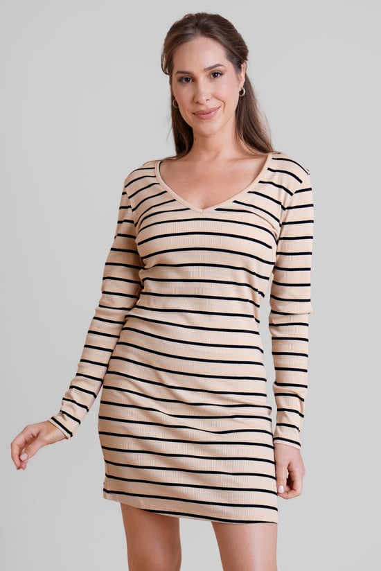Cream Long Sleeve Rib Jersey V- Neck Mini Dress