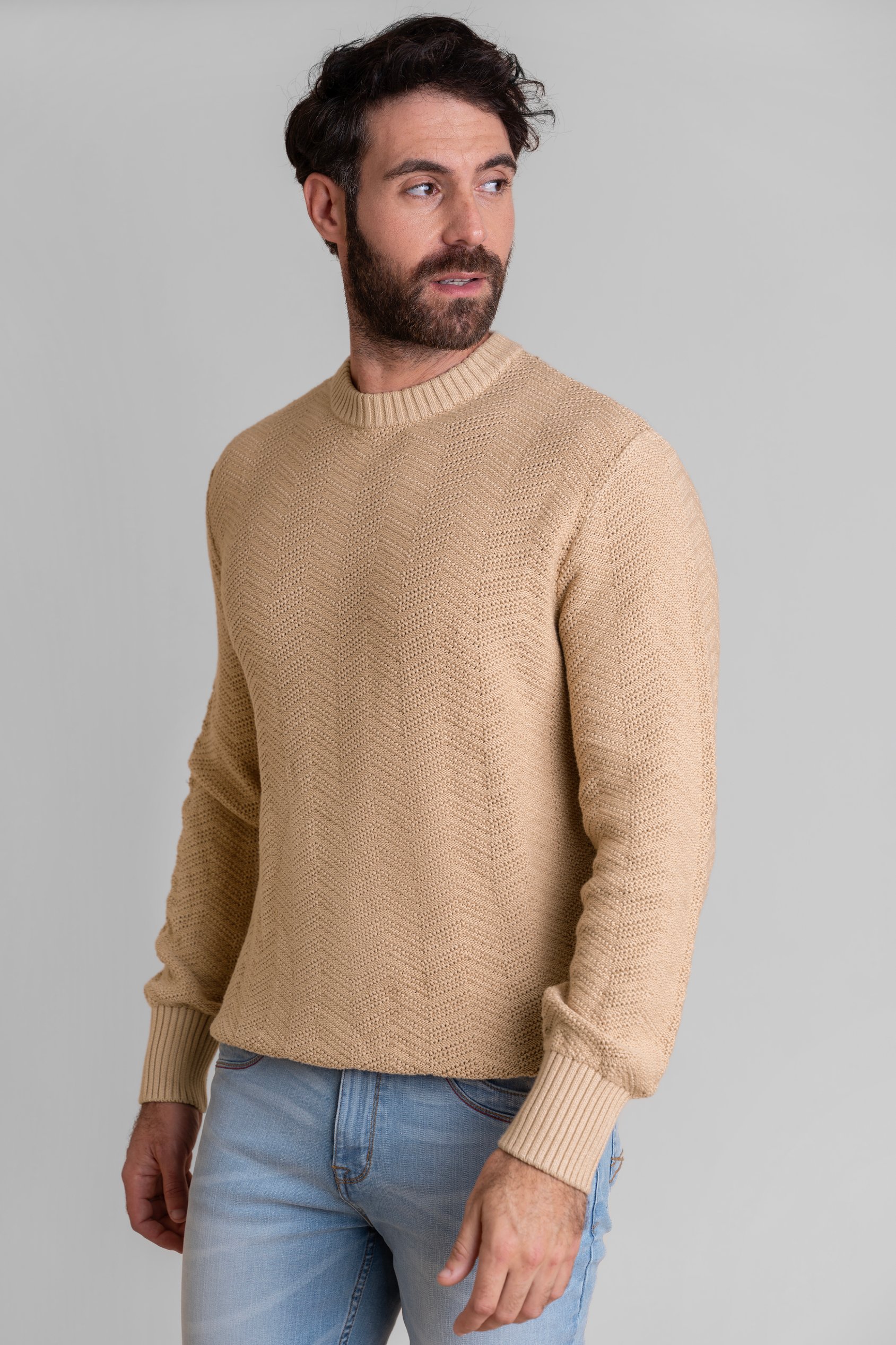 Enorsia Men's Light Brown Chevron Textured Crew Neck Jumper - Uk M