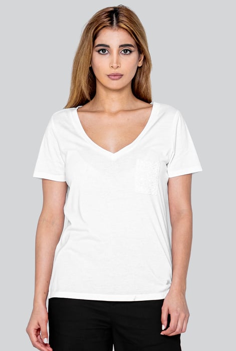 White Lace Pocket V-Neck Tee