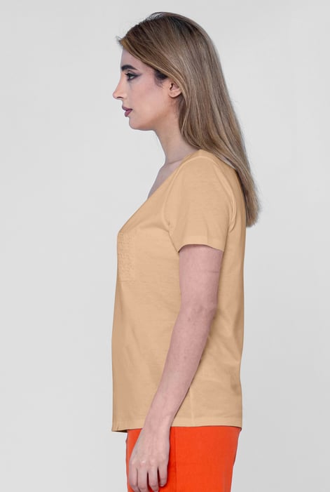 Orange Lace Pocket V-Neck Tee