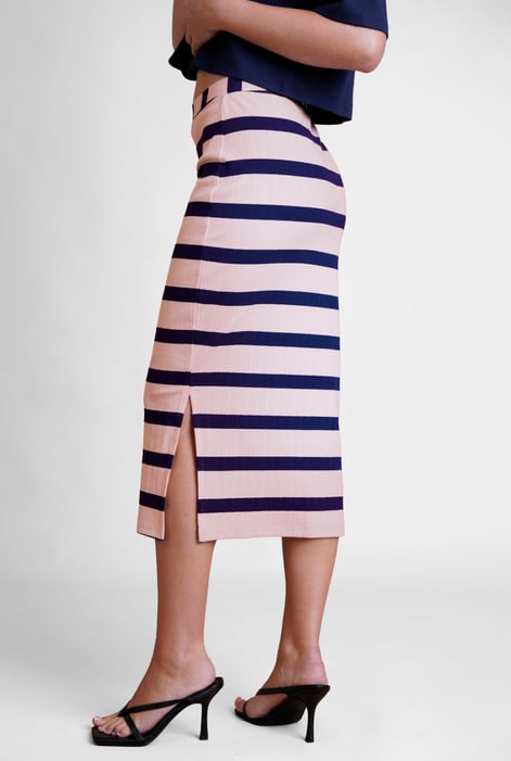 Navy Side Slit Striped Ribbed Jersey Skirt