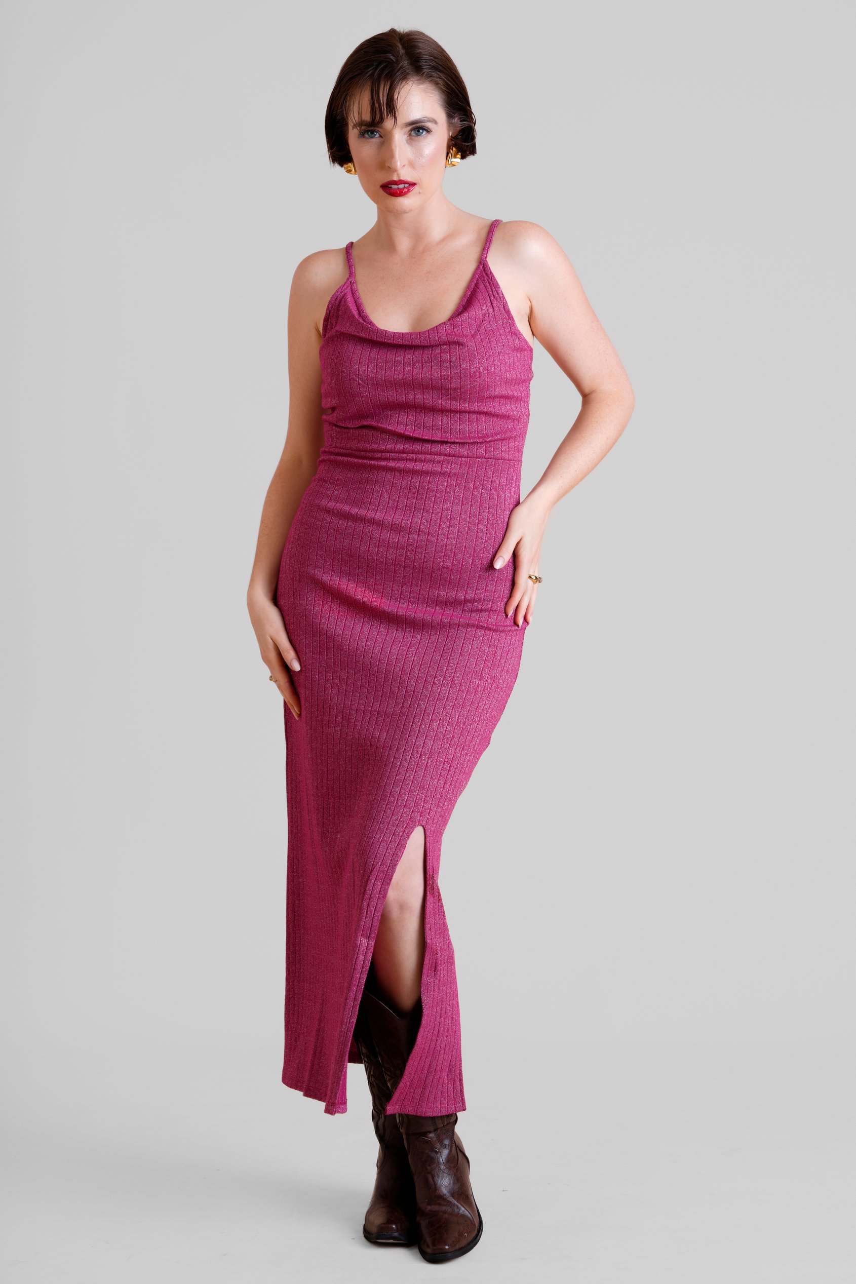 Enorsia Women's Pink Stretch Jersey Metallic Midi Cami Dress - Uk 16