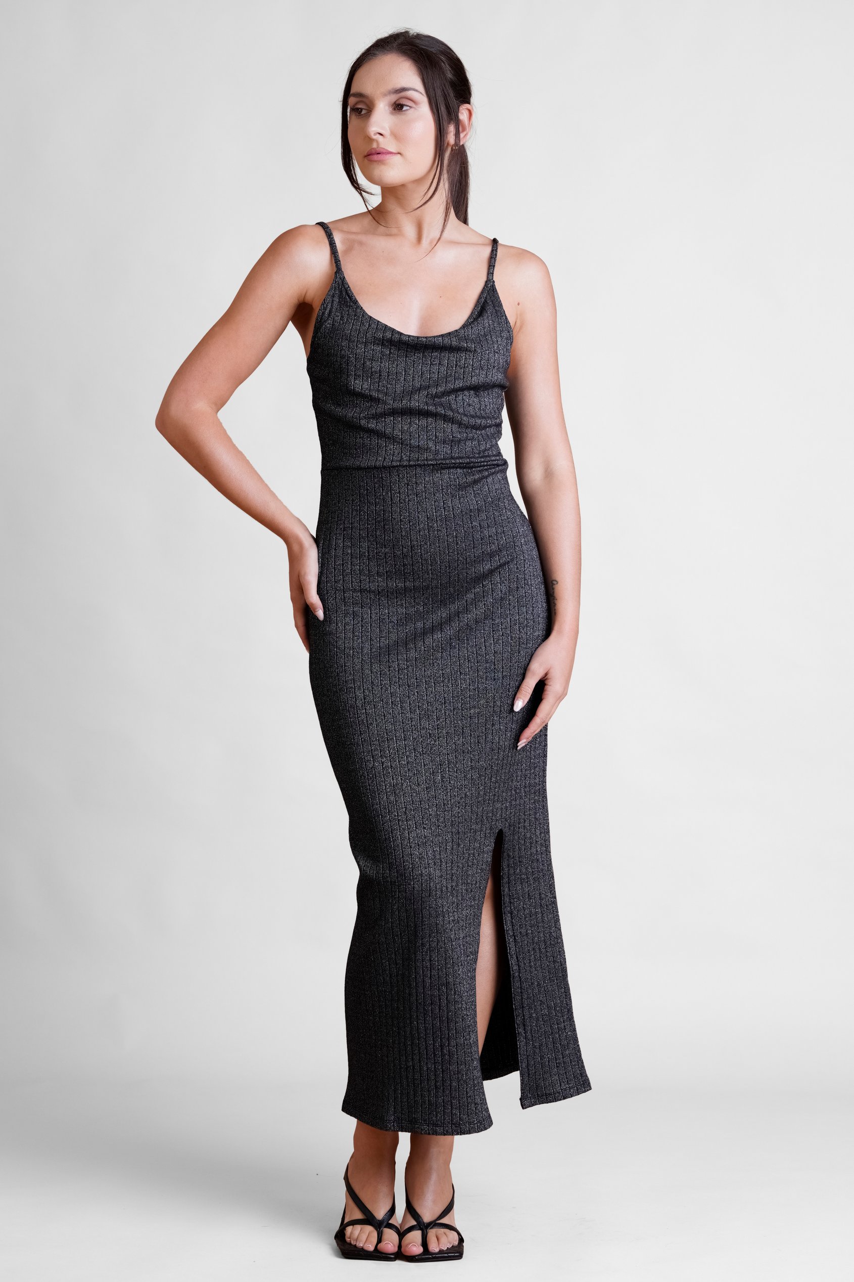 Grey Stretch Jersey Metallic Midi Cami Dress