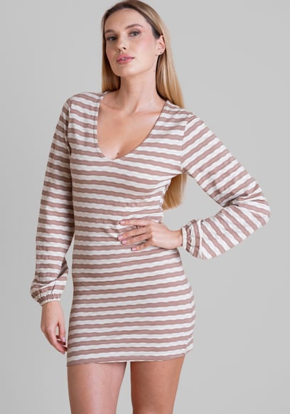Metallic Silver V-Neck Long Sleeve Mini Dress