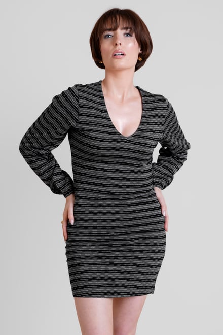 Metallic Silver V-Neck Long Sleeve Mini Dress