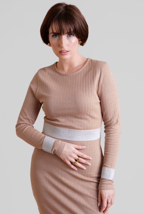 Brown Shiny Silver Metallic Stretch Midi Dress