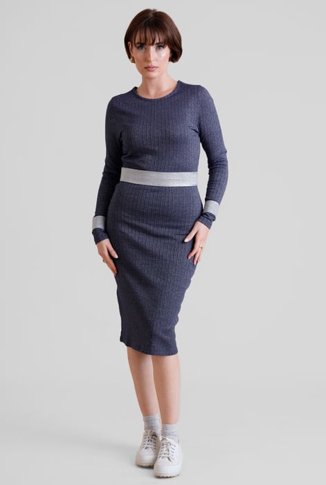 Navy Shiny Silver Metallic Stretch Midi Dress
