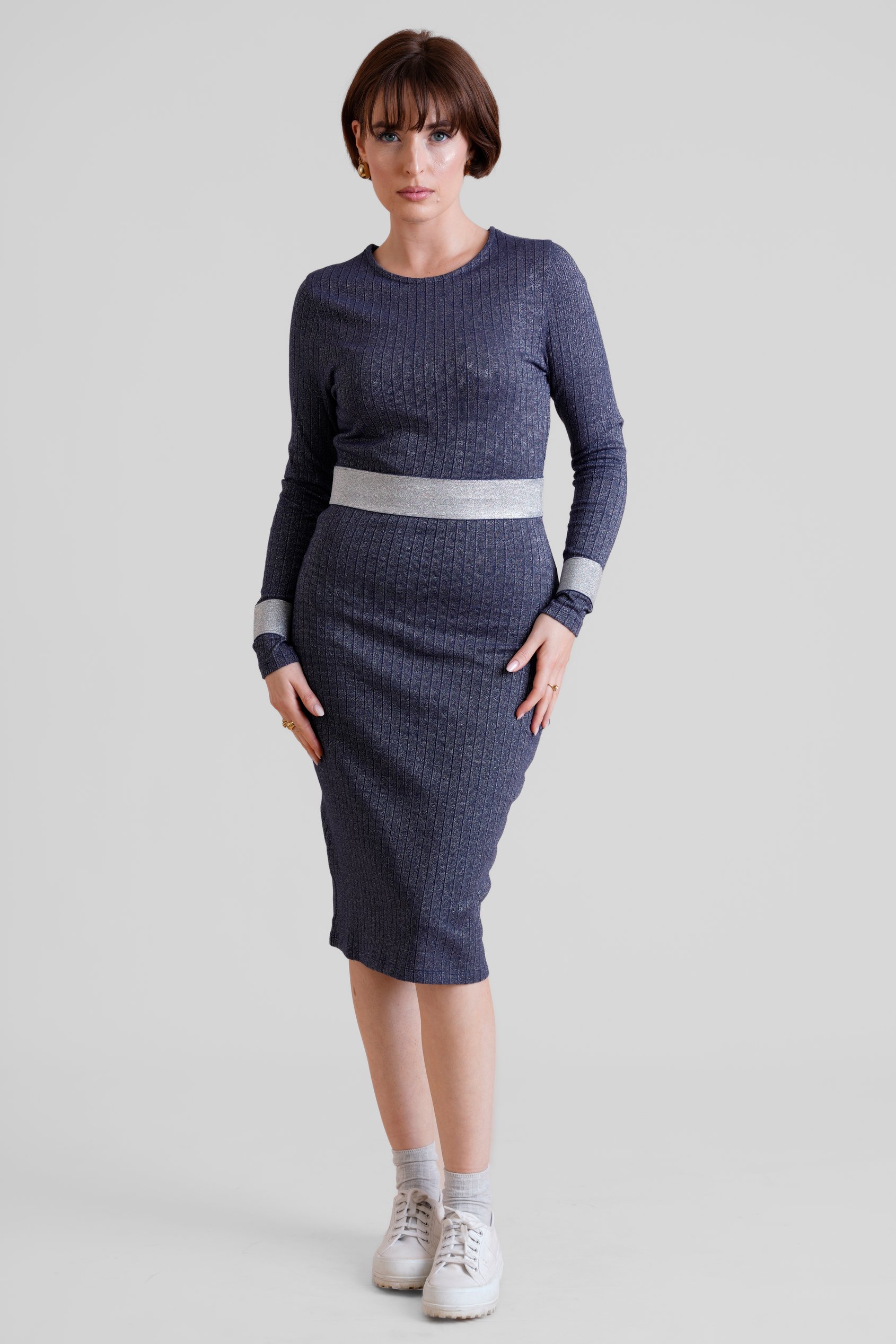 Enorsia Women's Navy Shiny Silver Metallic Stretch Midi Dress - Uk 12