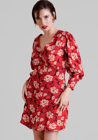 Printed V-Neck Mini Dress With Puff Sleeves and Smock Details