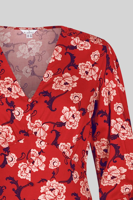Printed V-Neck Mini Dress With Puff Sleeves and Smock Details