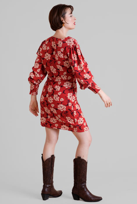 Red Printed V-Neck Mini Dress With Puff Sleeves and Smock Details