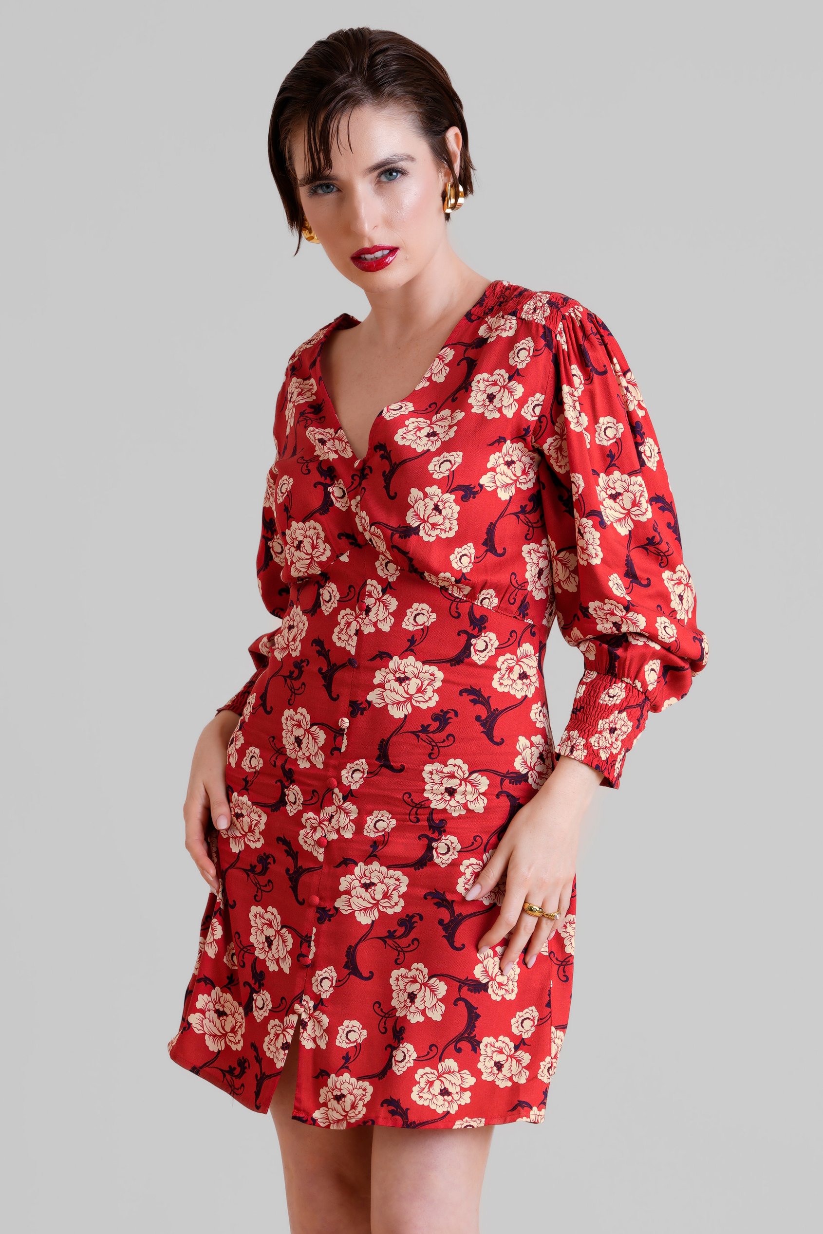 Printed V-Neck Mini Dress With Puff Sleeves and Smock Details