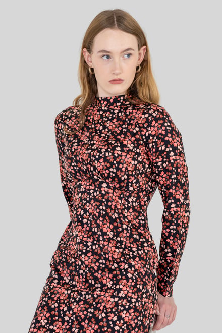 Dark Floral High Neck Ruched Midi Dress