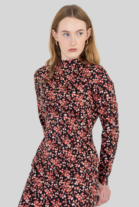 Black Dark Floral High Neck Ruched Midi Dress