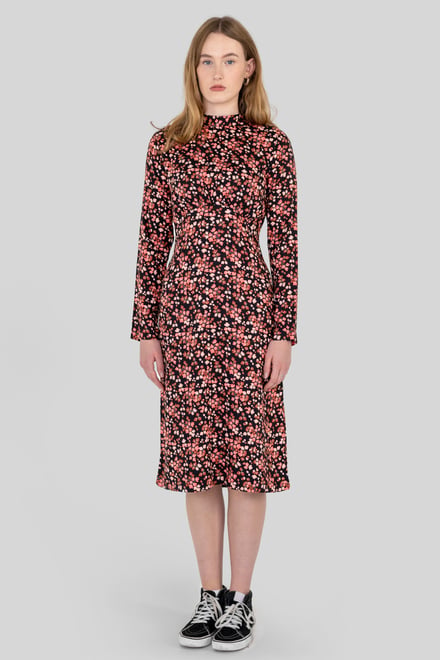 Dark Floral High Neck Ruched Midi Dress