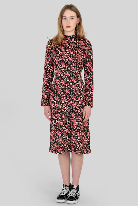 Black Dark Floral High Neck Ruched Midi Dress