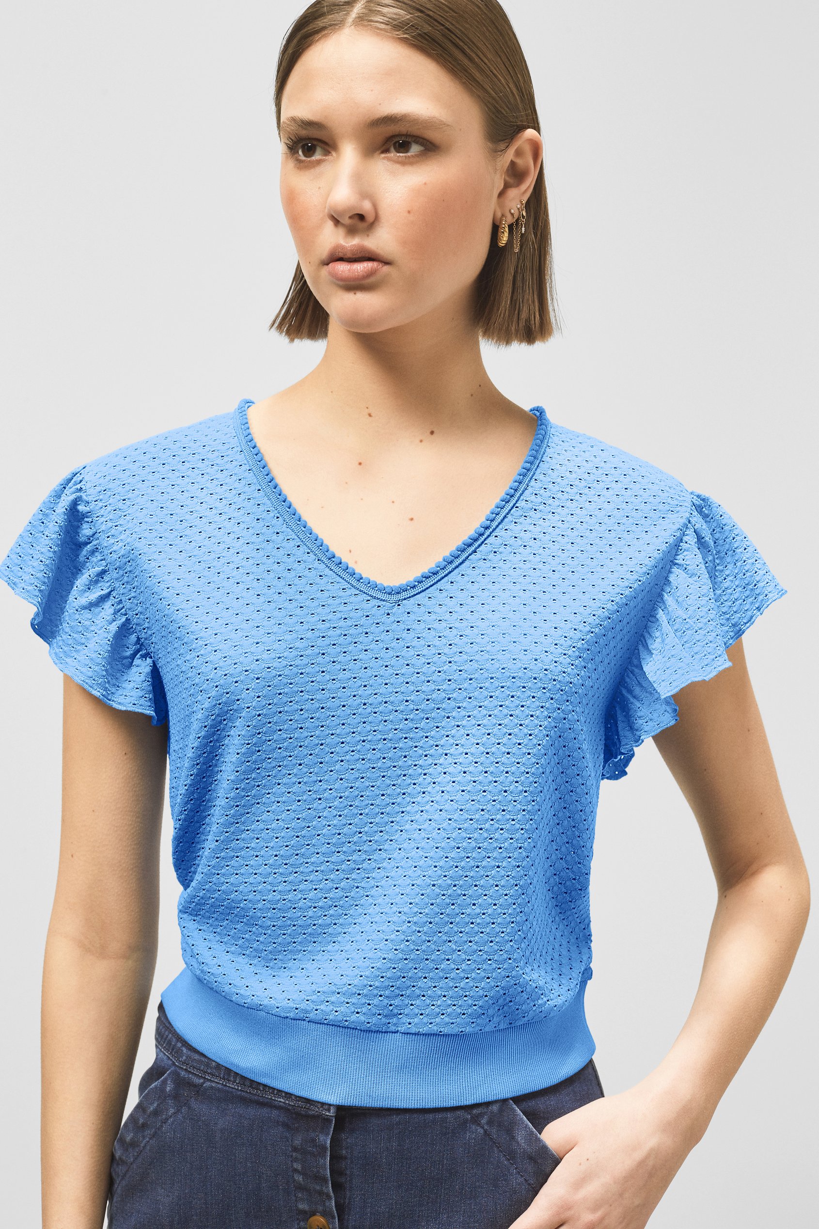 Enorsia Women's Blue ’S Frill Sleeve T-Shirt - Uk 14
