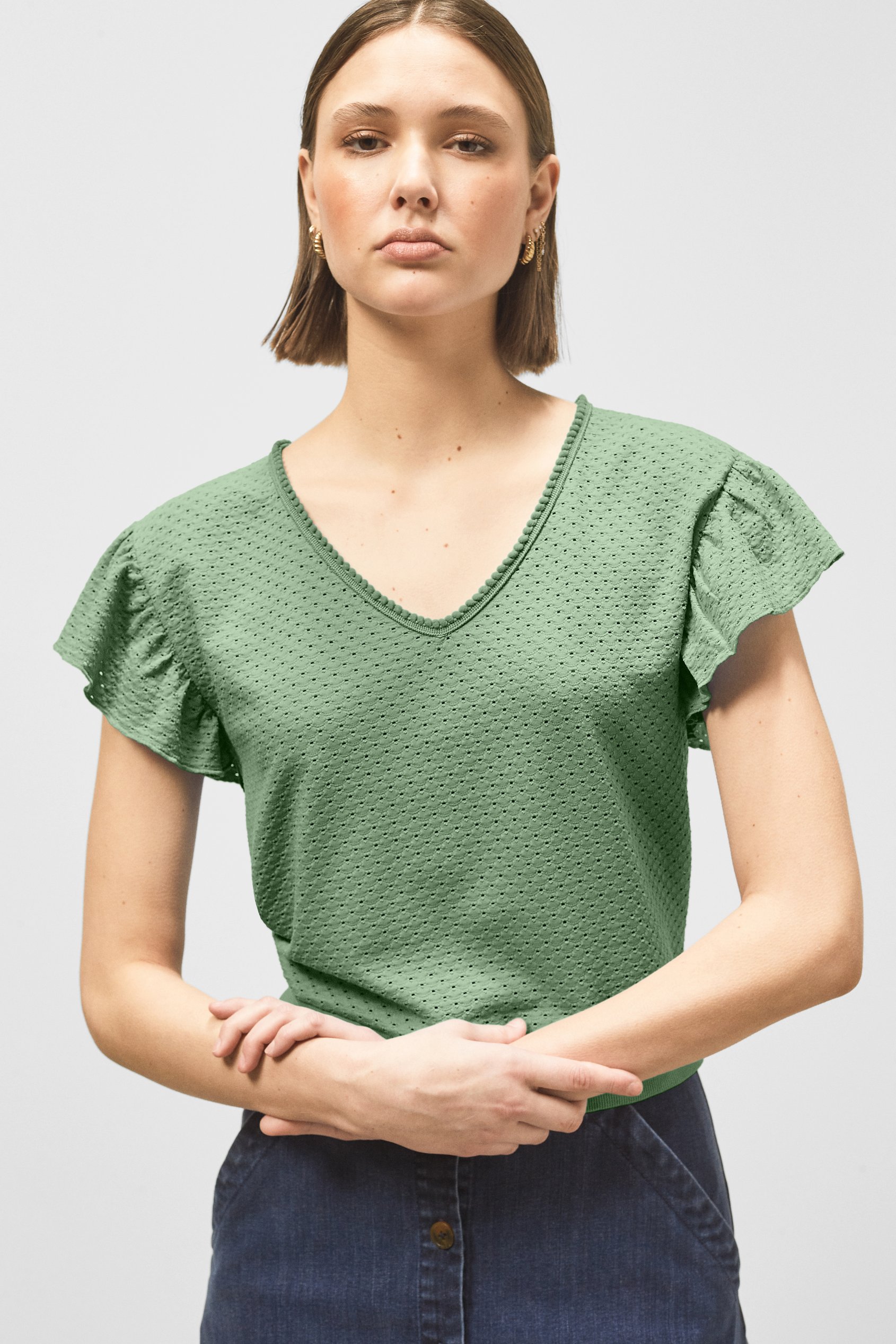 Enorsia Women's Green ’S Frill Sleeve T-Shirt - Uk 18