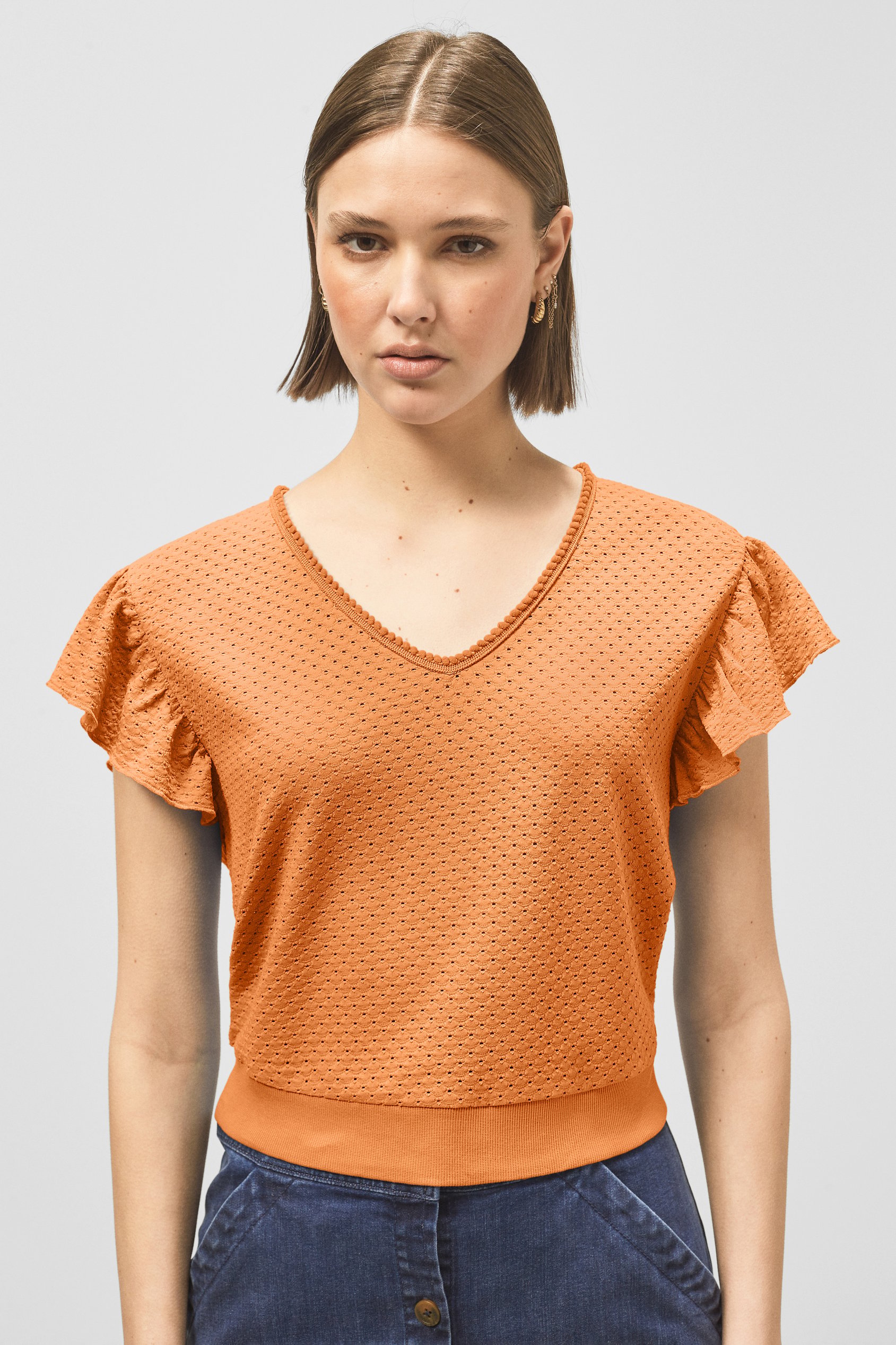 Enorsia Women's Orange Frill Sleeve T-Shirt - Uk 8